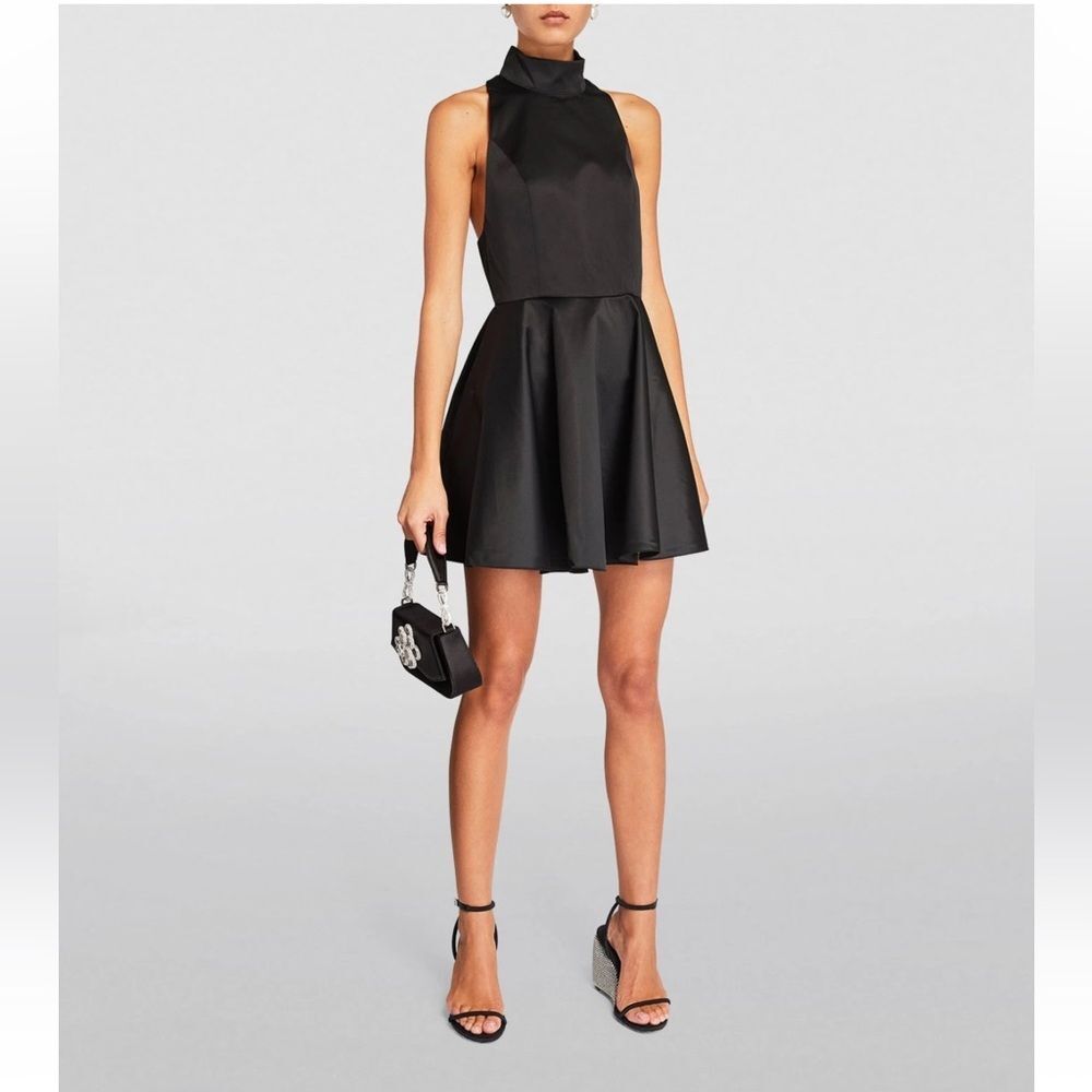 ROTATE Black White Open Back Fit Flare Mini Dress Mock Neck Size 10